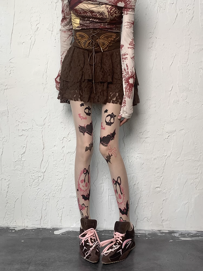Print Skull Y2K Tights Sweet Nude Heart and Grunge