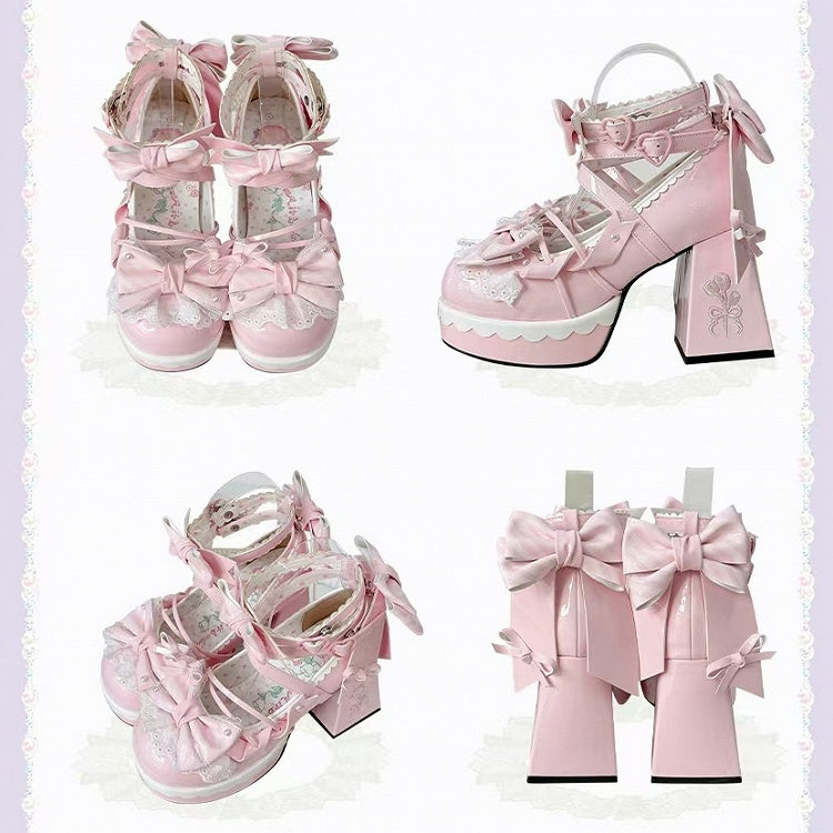 Pink Heel Mary Bow High Lolita Striped 8cm - Block Janes PU Sweet Platform