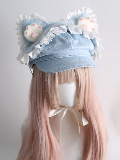 Blaue Baskenmütze mit Spitzenbesatz von Jirai Kei und abnehmbarem Haarband mit Katzenohren und Pfoten