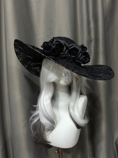 Gothic Lace Hat with Floral Accents - Custom Made Earrings