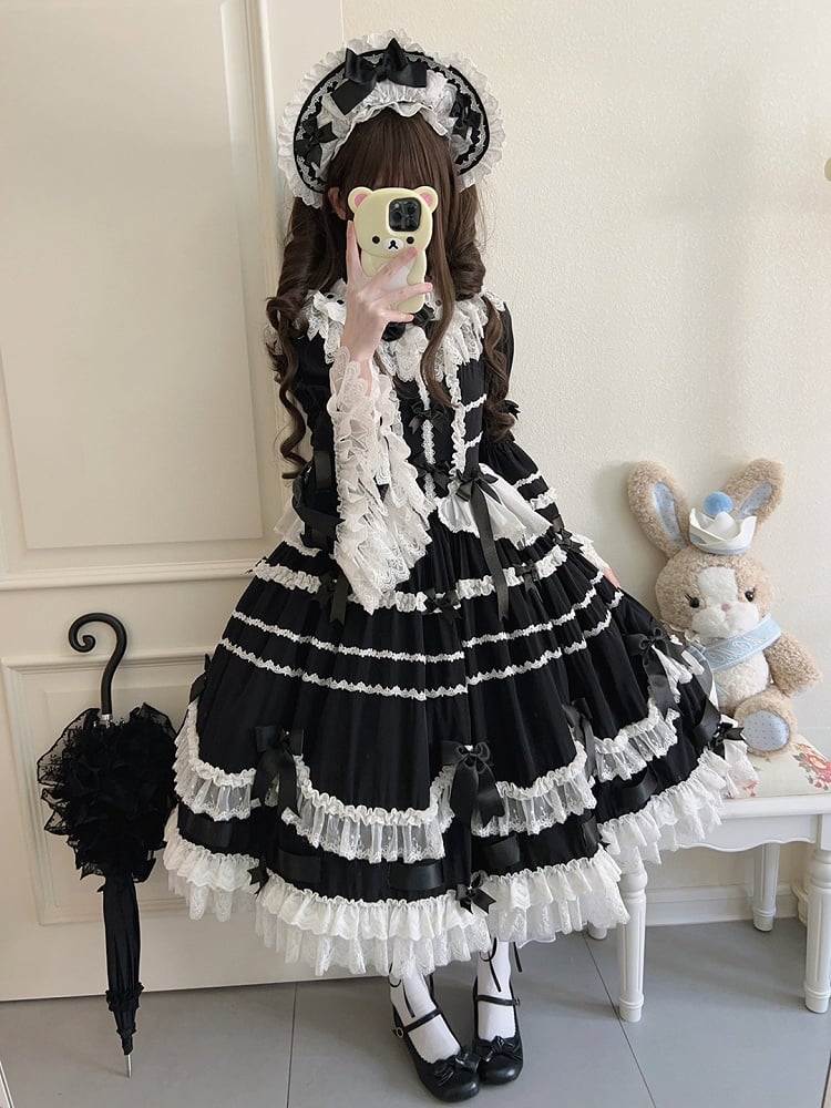 Sleeves Bell White Bow Decorations Black Lolita and Dress Hime Lace with Trims