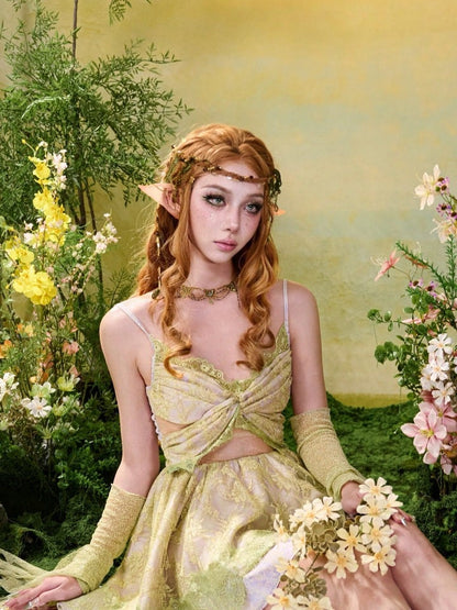 Fairycore Green Purple Butterfly Lace Sleeveless Dress Brown Belt - Virtual Orbit