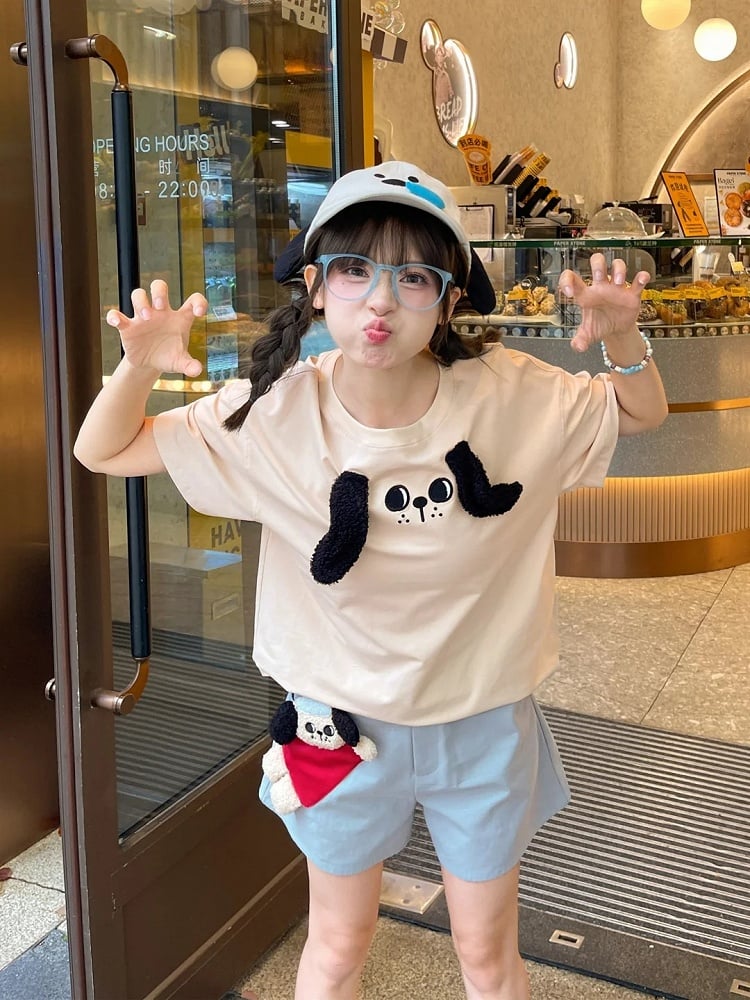 T-Shirt Plüsch Welpenohren Locker Beige Rundhals