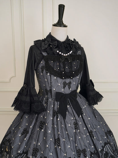 ブラック ラウンドフラットカラー ベルスリーブ コットンブラウス