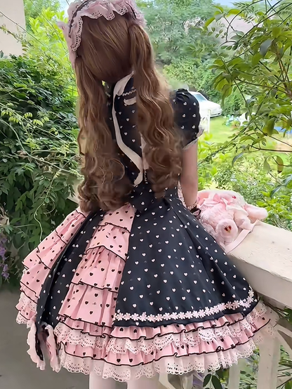 Heart Sweetheart Applique Lolita Sweet Dot Pink Dress Bow Accents Black with Polka