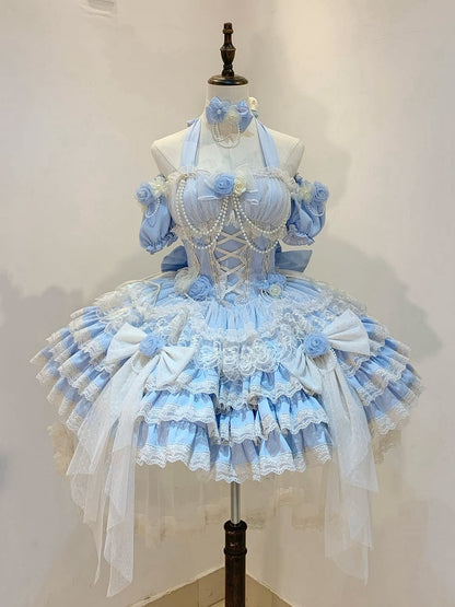 Hanayome Dress Fairy Jumper Tiered Skirt Hem Princess Blue Lolita Flower