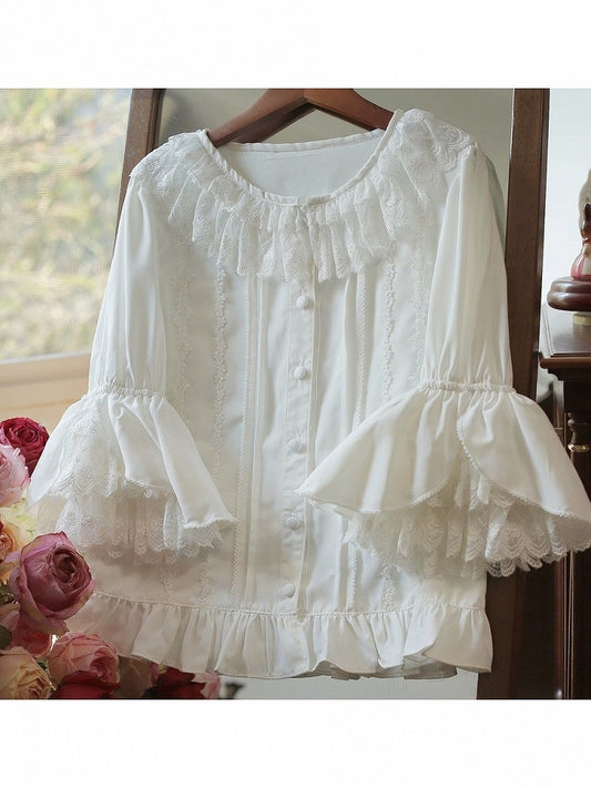 Round Collar Trumpet Sleeve Blouse with Lace - Tiny Garden