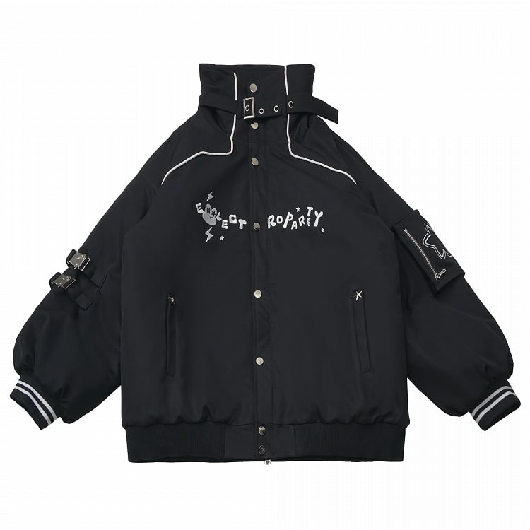 Padded Black Jacket Detail with Banded and Collar Buckle Embroidered