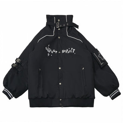 Padded Black Jacket Detail with Banded and Collar Buckle Embroidered