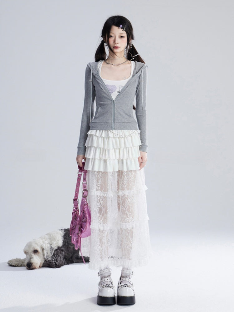 Slim-fitting Hooded Black/Gray/Red Top Zip Closure