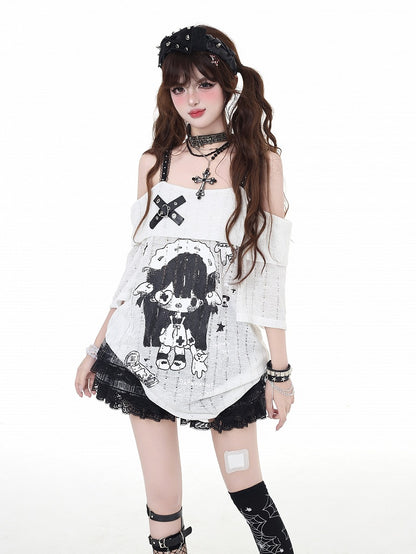 ネックライン ガールプリント Tシャツ カートゥーン グレー/ホワイト オフショルダー クロスデザイン