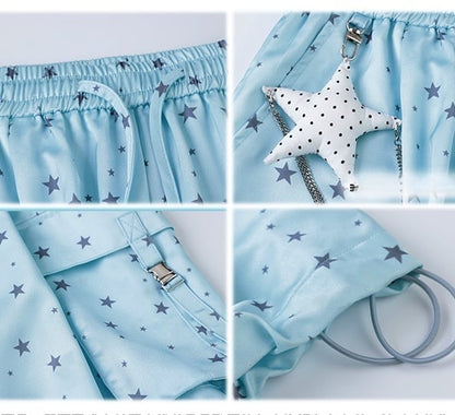 Allover Waist Blue Wide-leg Cargo Pants Star Print Drawstring
