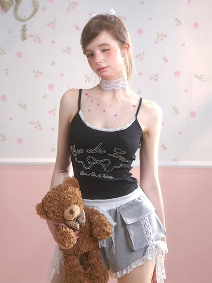 ブラック リボンプリント レーストリム キャミソールトップ