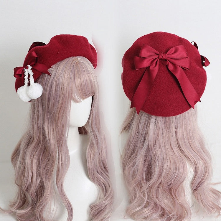 Pom-poms With 9 Sweet Girly-Style Bowknots Colors Beret And Cute