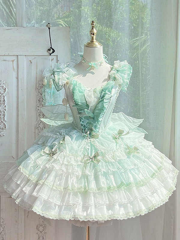 Kleid Lolita Prinzessin Lagen Grün Balletcore Tulpen Themenrock