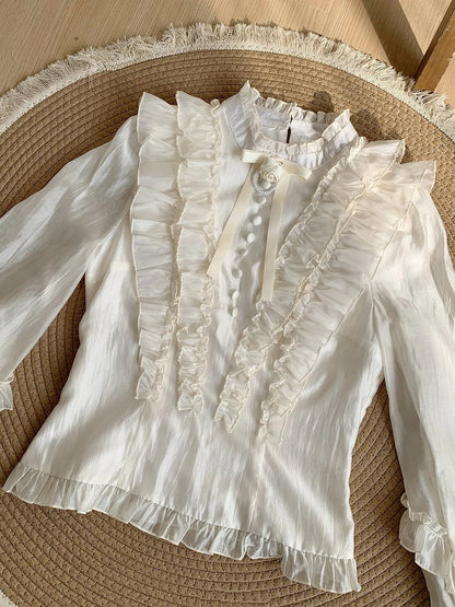 Beige Balloon Sleeve Blouse with Ruffle Accents and Rose Brooch - With PUJI
