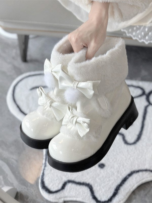 Decor Lolita Lining Boots - Sweet Snow Bow White Fleece