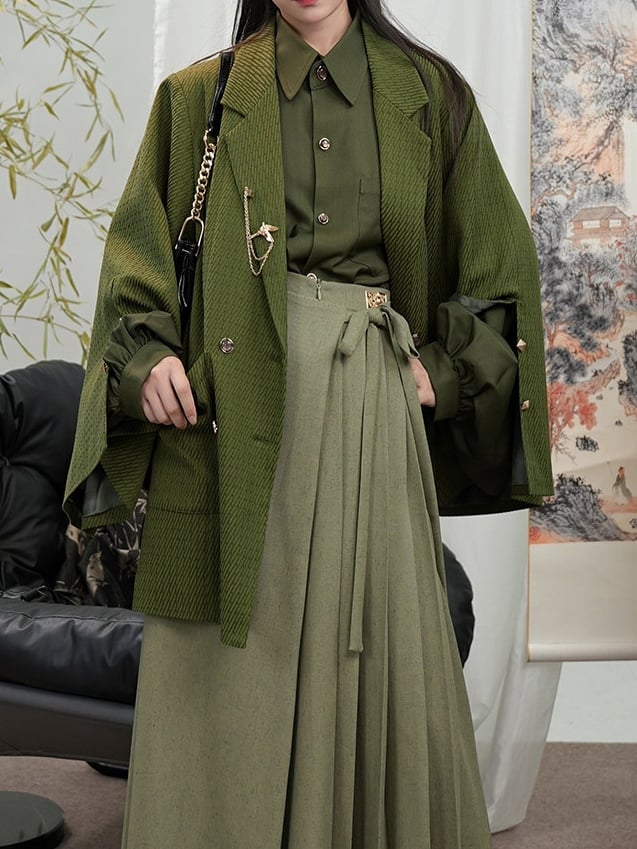 Blazer Front Slit Cuff Green Style Unisex Notched with Design Collar - Chinese Double-Breasted