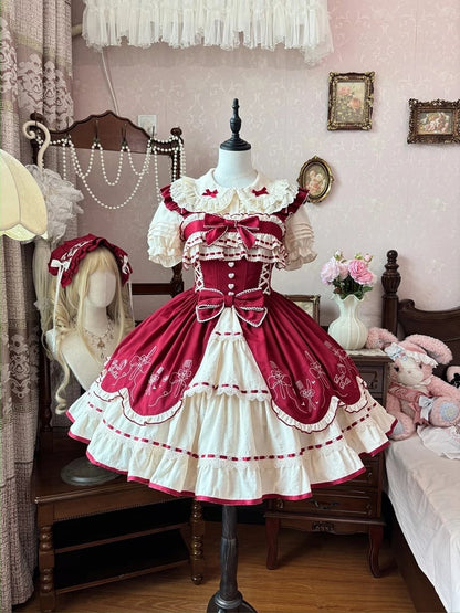 リボン結び ワインレッド ピーターパンカラー スイートベージュ フリル