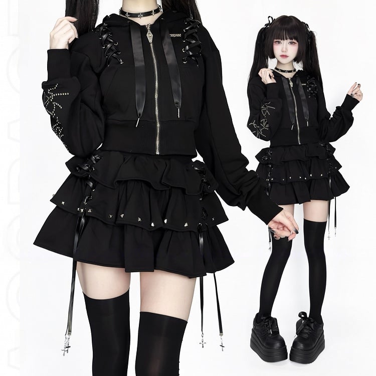 Lace-Up Dark Hoodie Stud-Decorated Black Kei Jirai