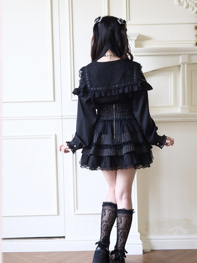 Black Rhinestones Bowknots Blouse Jirai Kei Sailor Collar Ruffled Lace Trim
