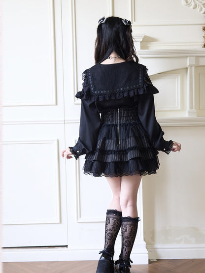 Black Rhinestones Bowknots Blouse Jirai Kei Sailor Collar Ruffled Lace Trim