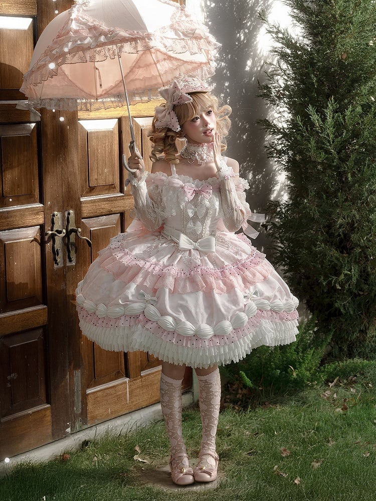 Wrist Shoulder KC Choker Veil Mini Hime Cuffs Set + Off Pink Lolita Full Hat Dress