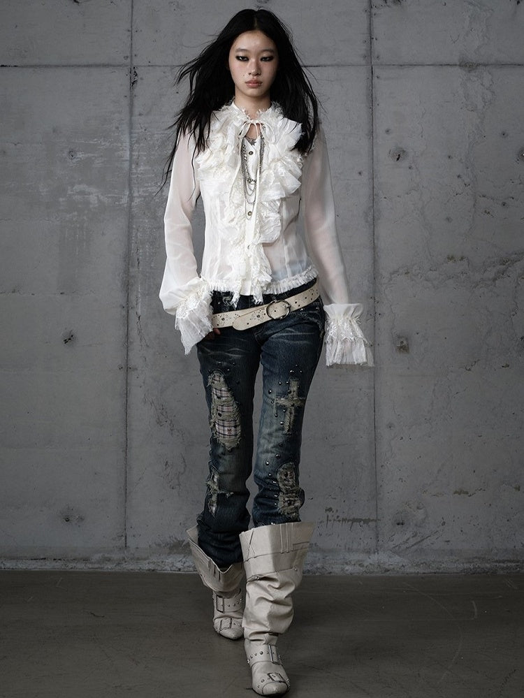 Jeans Light Studs Punk Patches Wash Blue Distressed with Plaid