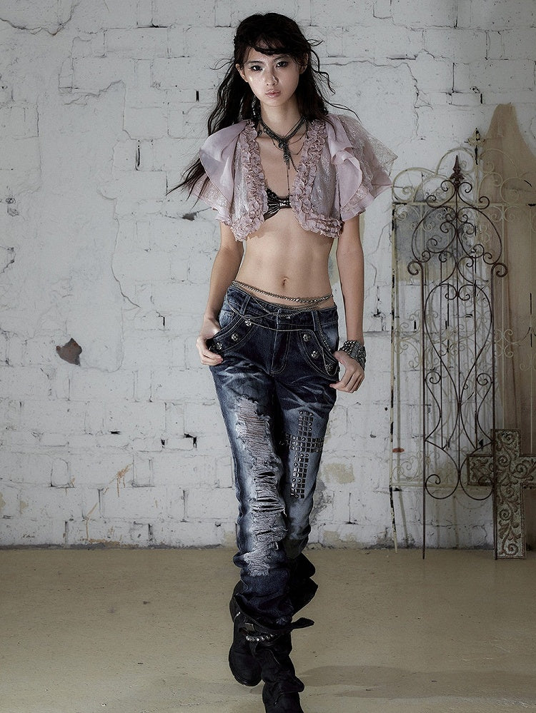 Dusty Pink Chiffon Cropped Top with Lace & Ruffle Trim - Romantic Punk Style