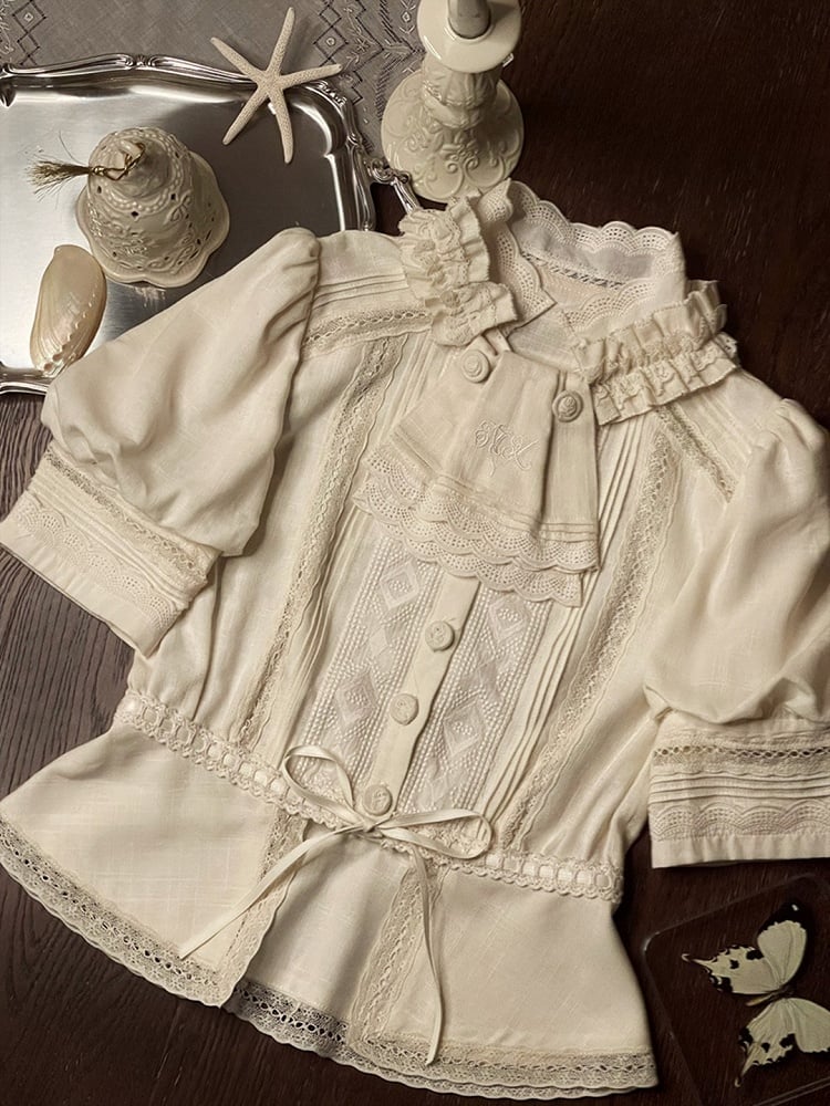 with Ruffle Beige Hem Neckline Open Lolita Blouse