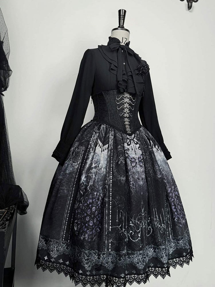 Gothic Print Skirt with Lolita and Elastic Waist Butterfly Ribs