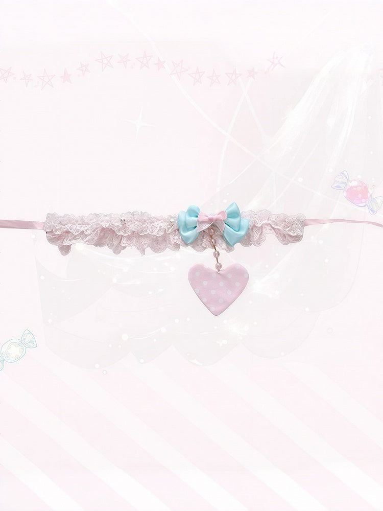 Pink & Blue Bow Lace Sweet Lolita Choker with Heart-shaped Pendant - Meng Fu Zi