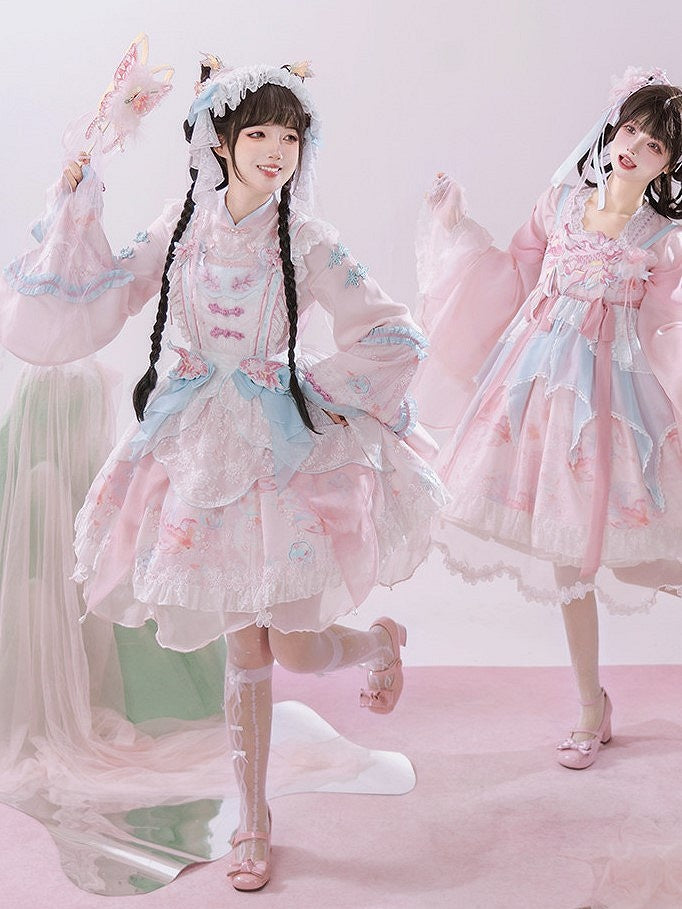 Long with Print Golden Blue Lolita and Sleeves Fish Pink Dress Floral Han