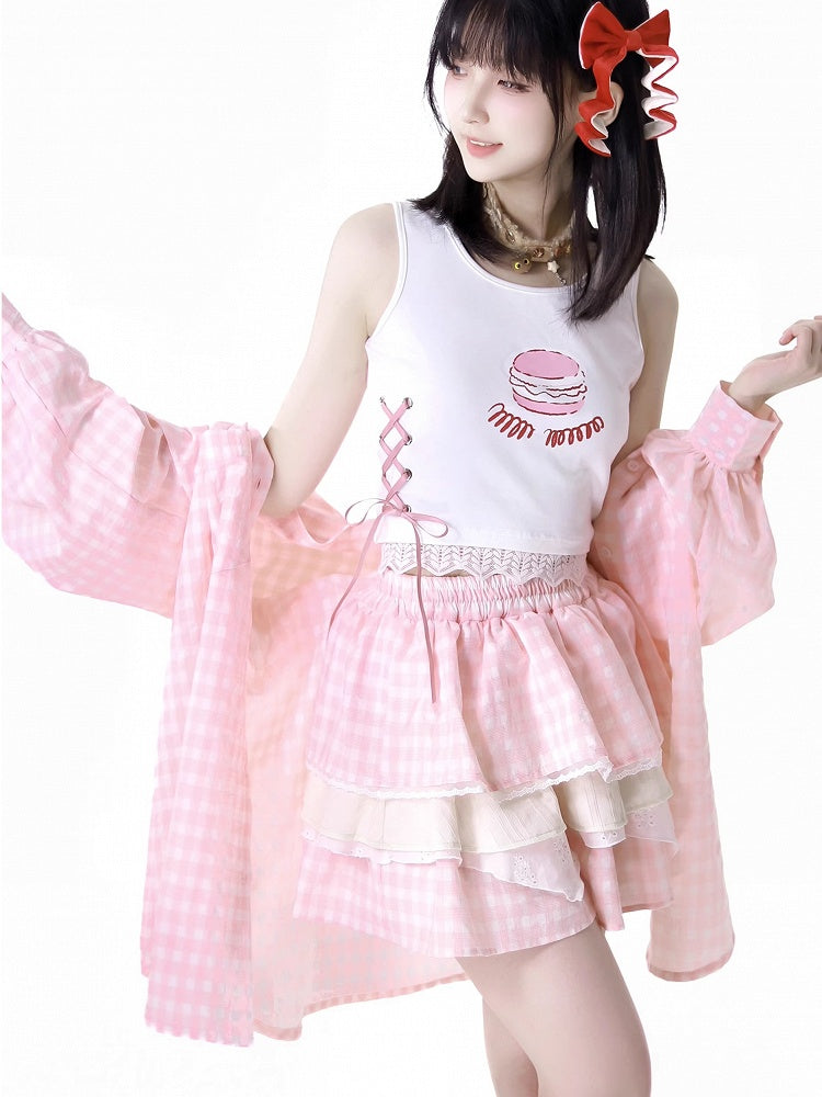 Weiß/Rotes Spitzen-Tanktop mit Burger-Print und Schnürung im Detailbesatz