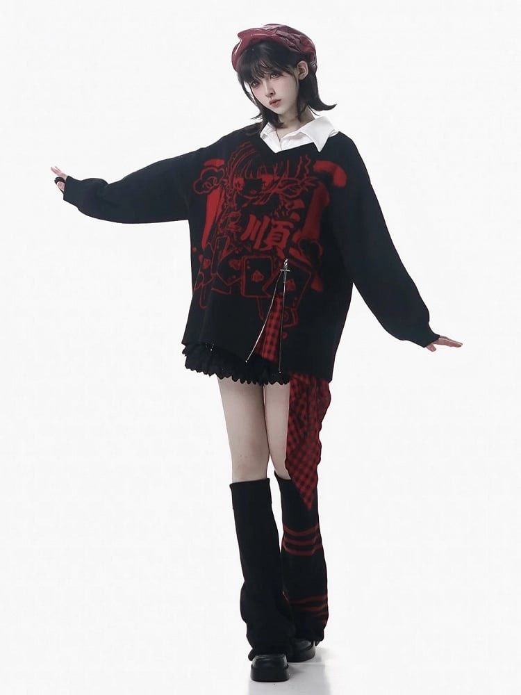 Pattern Zipper Hem Knit Sweater Girl New Loose-Fit Cartoon with Red/Black and Inspired Year
