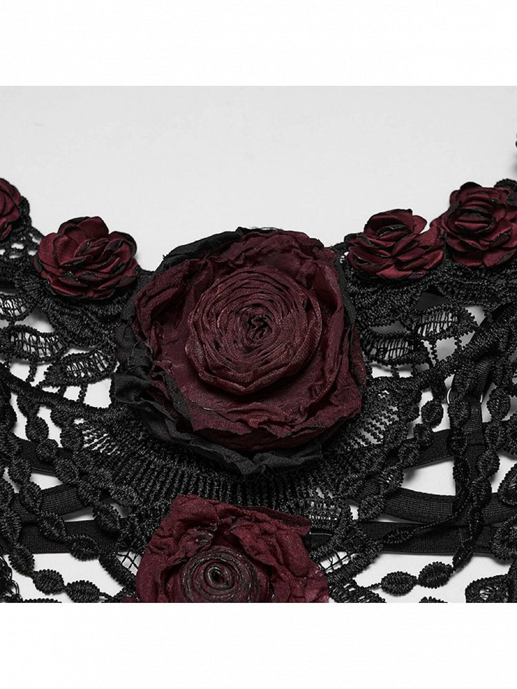 Goth Lace Chain Bralet with Black & Red Rose Motif - Punk Rave