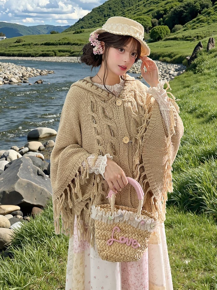 タッセルヘム付きケープ カーキ ニット フード付き