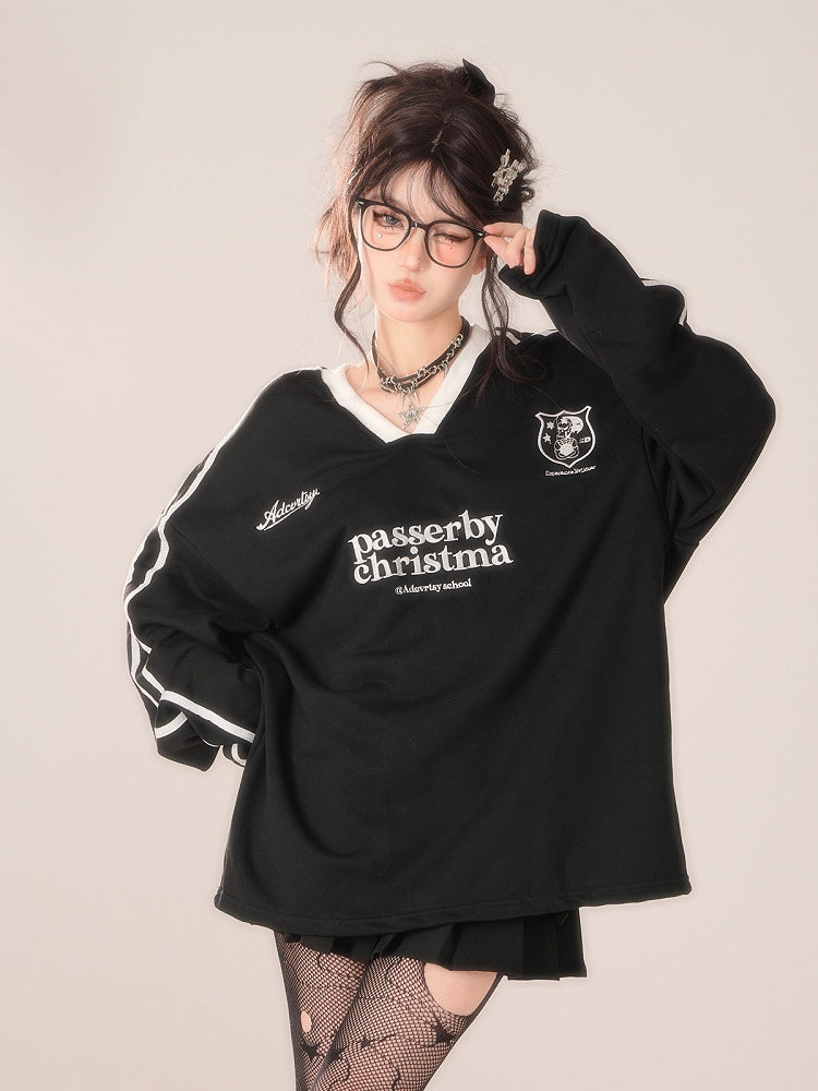 Lettering Top Long Sleeve Black V-Neck - Accents Striped Preppy