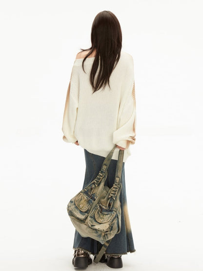 ウェイストランドパンク バタフライアップリケ アプリコット アシンメトリーネックライン セーター