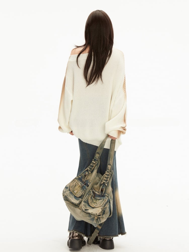 Wasteland Punk – Pullover mit Schmetterlingsapplikation und asymmetrischem Ausschnitt in Aprikose