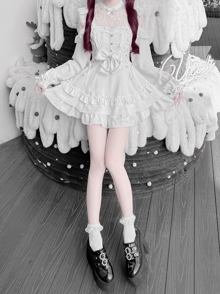 White Landmine Style Floral Lace Dress Set with Shorts, Bow Tie, Bead Chain & Hairclips - Jiuniang Cherry