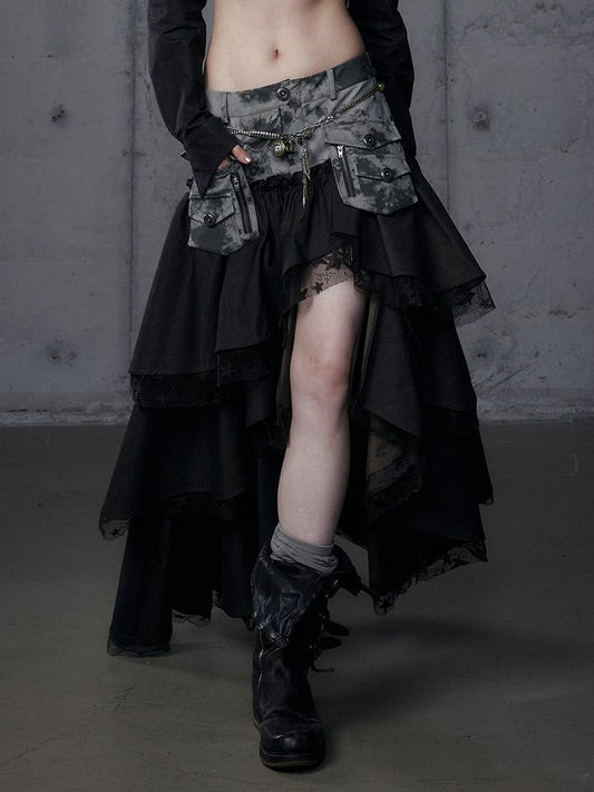 Dark Tiered Aesthetic Blackish-Green with Leather Punk Skirt