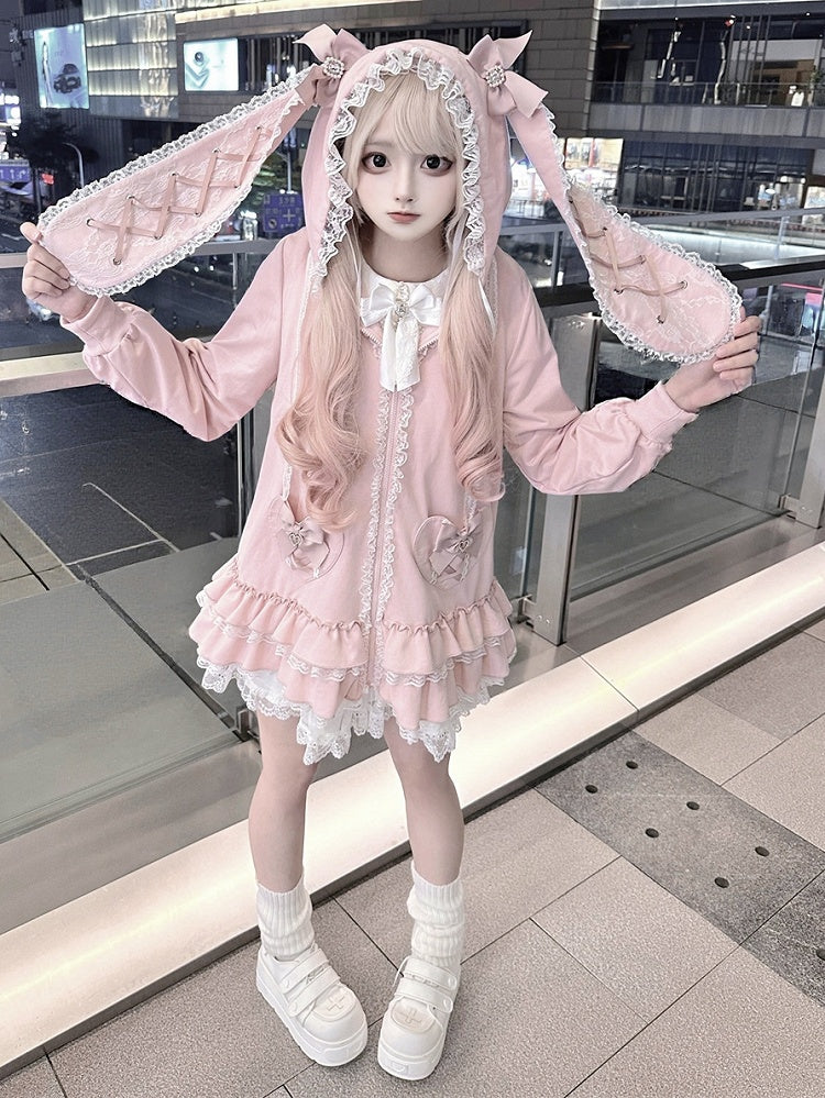 Tiered Pink Sweet | Hoodie Ruffles Kei Dress Heart Pockets Jirai Bunny-Eared