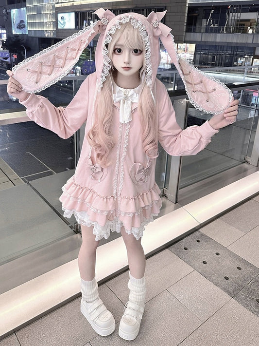 Tiered Pink Sweet | Hoodie Ruffles Kei Dress Heart Pockets Jirai Bunny-Eared