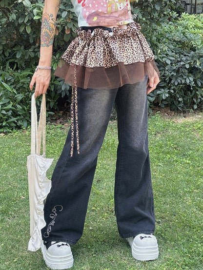 Y2K Accessoire Leopard Glamouröses Braun/Grau Muster Hosenbesatz Spitze