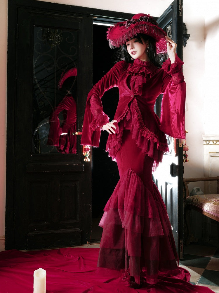 Embroidered Lace Blouse with Velvet V-Neck Coat and Layered Mermaid Skirt - DevilInspired Exclusive Collection
