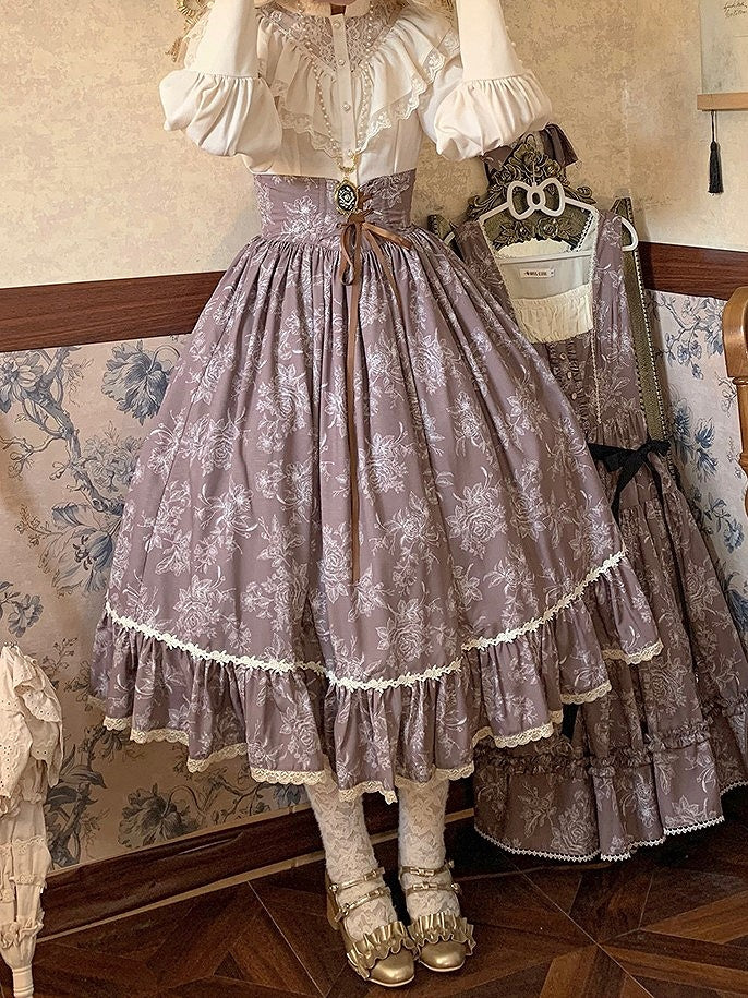 Brown & White Rosette Print Boned High Waist Elegant Classic Lolita Skirt with Lace Trim