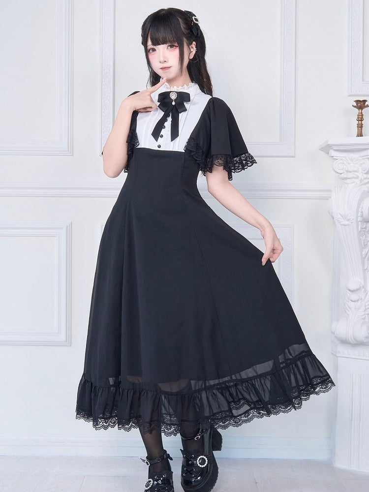 Spitze und zartes Kei mit passender schwarzer Brosche, langes Kleid, weißer Knöchel-Jirai