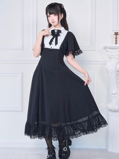 Spitze und zartes Kei mit passender schwarzer Brosche, langes Kleid, weißer Knöchel-Jirai