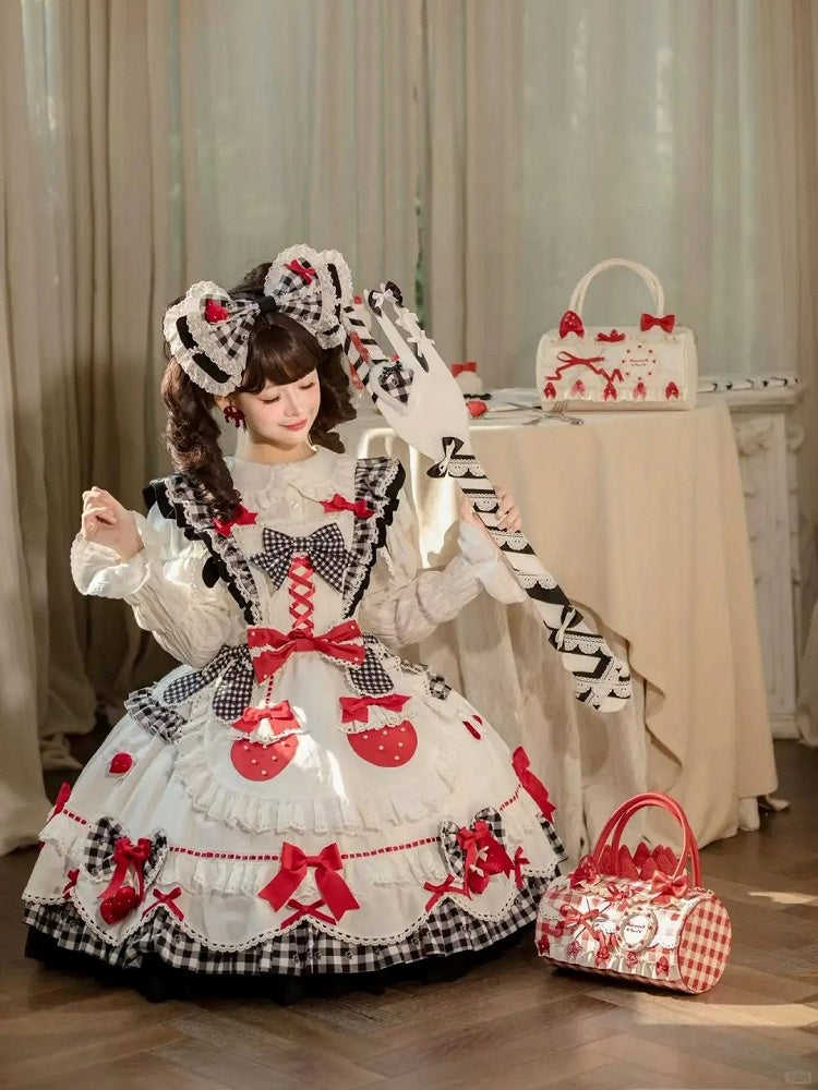 Details Flutter White Sleeves with Sweet Lolita Black Gingham Bow Dress